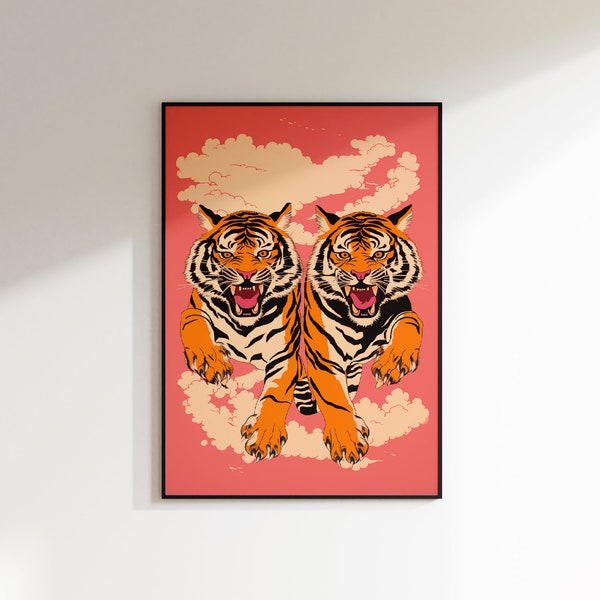 Japanese Tiger Print Bold Pink Wall Art, Trendy Room Decor, Fierce Cool Tigers Poster, Maximalist Wall Art Aesthetic Wall Print, Pink Poster