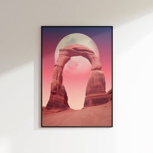 Arte abstracto de la pared, cartel rosa bebé, impresión de la luna al atardecer, descarga digital del espacio cósmico, cartel del arco rosa, boho moderno, estética de decoración pastel