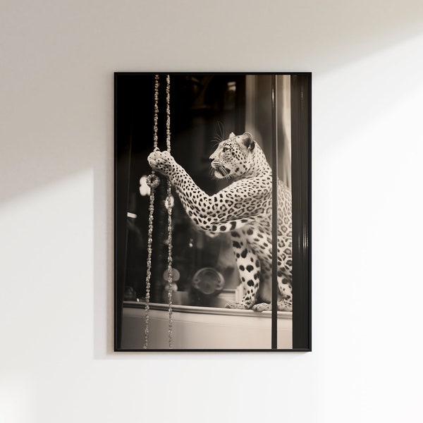 Leopard Shop Window Photo, Cheetah Poster Black and White Art, Vintage Photography, Fashion Photo Wall Art, Cool Girl Aesthetic Trend Poster