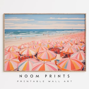 Pintura al óleo de playa vintage, cartel rosa, pintura de sombrilla de playa, impresión costera vintage, arte de pared retro, impresión de paisaje marino, cartel de casa de playa