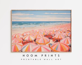 Vintage Beach Umbrella Painting, Pink Coastal Seascape Print (Digital Download)