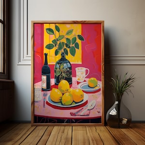Table Spread Printable Art, Abstract Kitchen Painting, Henri Matisse Art Kitchen Wall Art, Italian Print Foodie Gifts, Red Wine Lemon Poster