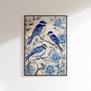 Blue Chinoiserie Bird Print: Vintage Botanical Art (Digital Download)