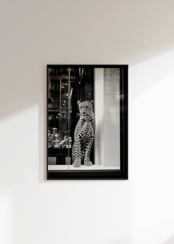 Leopard Poster Black and White Prints Leopard in Shop Window Print, Cartier Photography (Digital Download)