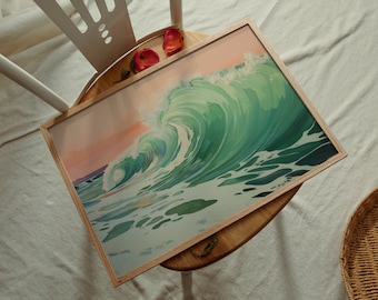 Coastal Wave Painting, Ocean Sea Wall Art, Ocean Painting, Beach House Seaside Print, Ocean Beach Oil Painting, Nautical Print, Ocean Art,
