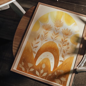 Sun Flower Art Poster Folk Illustration Print, Spiritual Mystical Artwork, Floral Vintage Boho Bedroom Decor, Yellow Orange Earthy Flowers