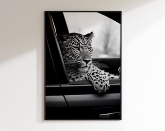 Leopard in Car Photo: Black and White Fashion Art (Digital Download)