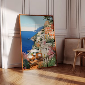 Italian Coastal Print, Positano Poster, Digital Art, Travel Beach Poster, Amalfi Coast Italy Painting, Italy Beach Coast Summer Art Print