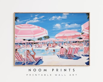 Pink Resort Pool Print, Vintage Beach Umbrella Painting (Digital Download)