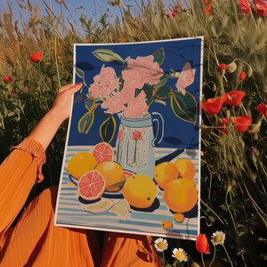 Impresión de florero de cocina, impresión de cocina con limones florales, arte de pared de cocina con flores y alimentos, póster floral estético, arte de cocina abstracto de Matisse