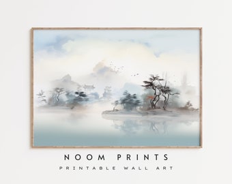 Japanese Mountain Landscape Art Print, Minimalist Asian Decor (Digital Download)