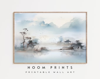 Japanese Mountain Landscape Art Print, Japandi Decor (Digital Download)