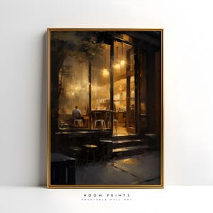 Pintura a óleo de cena de janela de cafeteria temperamental, pôster estético sombrio e aconchegante, noite de café quente, arte aconchegante de noites de outono de inverno, arte de academia escura