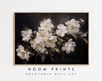 impression de fleurs blanches vintage, nature morte florale académique sombre (art numérique)