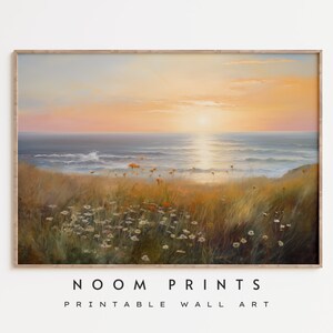 Sea Meadows Oil Painting, Bright Seascape Painting, Antique Print, Vintage Seaside Wildflower Beach Art, Printable Digital Download Art