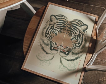 Lámina artística vintage de rugido de tigre, póster japonés de animales (descarga digital)