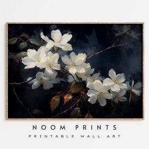 Moody Vintage Flower Print, Dark Academia Botanical Wall Art, Floral White Still Life Oil Painting, Printable Digital Art, Victorian Décor