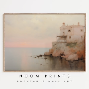 Printable Coastal Painting, House By The Sea Wall Art, Minimalist Coastal Seascape Oil Painting, Neutral Vintage Beach House Wall Décor