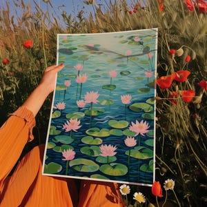 Water Lilies Botanical Print: Lily Pad Floral Illustration (Digital Download)