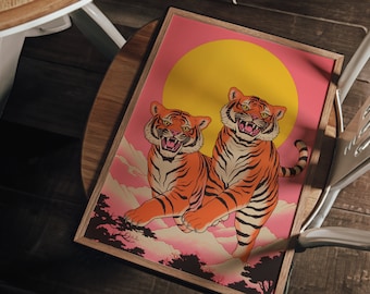 Japanese Tiger Art Print, Pink Maximalist Decor (Digital Download)