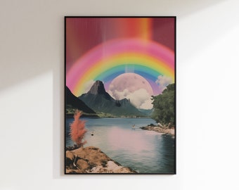 Psychedelischer Regenbogen Mond Kunstdruck, Vintage surreale Collage (Digitaler Download)