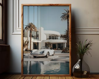 Lámina de un Porsche vintage: Casa y piscina de mediados de siglo (descarga digital)