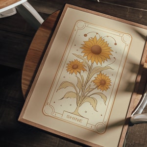 Sonnenblume Tarot Karte Poster Folk Illustration Druck, spirituelle mystische Kunstwerk, Blumen Vintage Boho Wandkunst, rustikale Tarot Geschenke