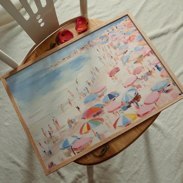 Vintage Beach Oil Painitng, Pink Poster, Beach Umbrella Painting, Vintage Coastal Print, Retro  Wall Art, Retro Wall Art, Beach House Poster