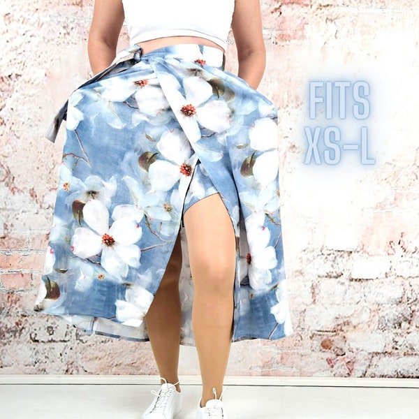 Wrap skirt with shorts, wrap kort, skort made of flowing viscose, tropical, summer skirt, wrap kort, midi skirt, high waist, flowers, magnolias