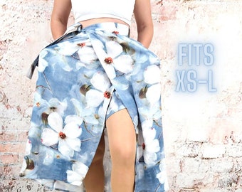 Wrap skirt with shorts, wrap kort, skort made of flowing viscose, tropical, summer skirt, wrap kort, midi skirt, high waist, flowers, magnolias