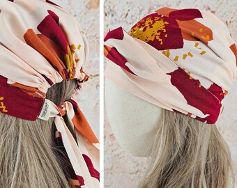 Pañuelo boho, turbante con bandas de alambre, turbante para envolver la cabeza, diadema de quimioterapia, turbante hecho de alambre, patrón de flores XXl, Peach Fuzz