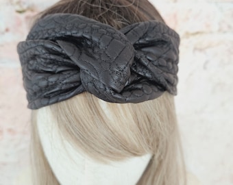 Vegan leather hairband with wire, headband, wire hairband, knot hairband, hair accessory, hair jewelry, flexie band, embroidered fake leather