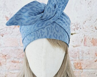 Denim Turban mit Leomuster, Jeans Kopftuch mit Drahtbändern, aus Draht formbarer Kopfwickelturban, Chemotherapie Kopfband, Leoprint