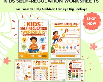 Op de afbeelding: Een verzameling kleurrijke zelfregulatie werkbladen voor kinderen, met titels als "Kids Self-Regulation Worksheets" en "Problem-Solving Steps". De werkbladen bevatten illustraties en tekst om kinderen te helpen met hun gevoelens om te gaan. De afbeelding bevat ook een "Shop Now" knop.