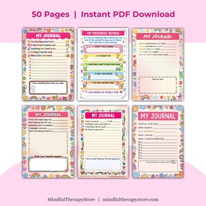 Op de afbeelding: Zes afdrukbare journaalpagina's met kleurrijke randen en prompts. Elke pagina heeft de titel "MY JOURNAL" in roze, met prompts voor reflectie en zelfevaluatie. De bovenkant van de afbeelding luidt "50 Pages | Instant PDF Download".