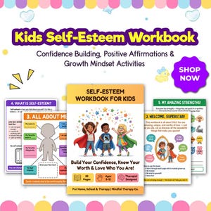 Può includere: Un quaderno di lavoro per bambini sull'autostima intitolato "Kids Self-Esteem Workbook" con il sottotitolo "Confidence Building, Positive Affirmations & Growth Mindset Activities". La copertina presenta illustrazioni di bambini. Include pagine per la scoperta di sé.