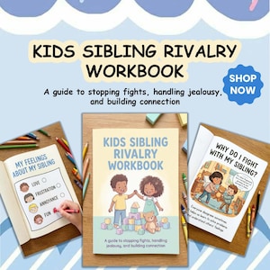 Puede incluir: Un libro de ejercicios sobre la rivalidad entre hermanos con una portada de color amarillo claro que muestra una ilustración de dos niños jugando con bloques y un osito de peluche. Incluye páginas tituladas My Feelings About My Sibling y Why Do I Fight With My Sibling.