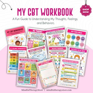 Op de afbeelding: Een verzameling kleurrijke werkboeken getiteld "MY CBT WORKBOOK" met verschillende illustraties en tekst. De werkboeken behandelen onderwerpen als gevoelens, gedachten en gedrag, met een roze en wit kleurenschema. Een "Shop Now" tag is zichtbaar.