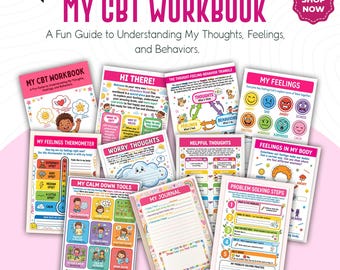Op de afbeelding: Een verzameling kleurrijke werkboeken getiteld "MY CBT WORKBOOK" met verschillende illustraties en tekst. De werkboeken behandelen onderwerpen als gevoelens, gedachten en gedrag, met een roze en wit kleurenschema. Een "Shop Now" tag is zichtbaar.