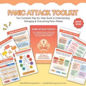 May include: A toolkit titled "Panic Attack Toolkit" with a guide to understanding, managing, and overcoming panic attacks. The cover features a person meditating. Includes 50 pages of evidence-based tools and techniques. Also includes several informational cards.