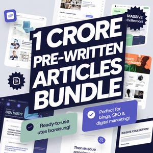 Puede incluir: Un gráfico azul y blanco con el texto "1 Crore Pre-Written Articles Bundle" en texto blanco. El gráfico está rodeado de imágenes de varios artículos y publicaciones de blog. El texto "Massive Collection!" aparece en un cuadro amarillo en la esquina superior derecha de la imagen.