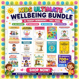 Op de afbeelding: Een digitaal pakket getiteld Kids Ultimate Wellbeing Bundle met 15 therapiewerkboeken en meer dan 700 pagina's. De afbeelding toont 14 individuele werkboekcovers met kleurrijke illustraties, tekst en een Shop Now-knop onderaan.