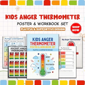 Op de afbeelding: Een Kids Anger Thermometer poster- en werkboekset met educatieve grafieken, een kleurgecodeerde thermometerafbeelding met gezichtsuitdrukkingen en tekst waaronder My Anger Levels Explained, Pocket Anger Thermometer en My Personal Anger Thermometer.