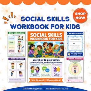 May include: A colorful workbook titled "Social Skills Workbook for Kids" with illustrations of children. The workbook teaches friendship skills, communication, and problem-solving. It includes pages on reading body language and personal space. The cover text reads "Learn how to make friends, communicate, and solve problems!"