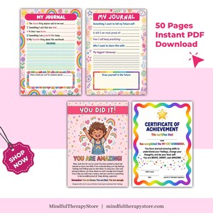 Op de afbeelding: Een verzameling afdrukbare journaalpagina's en certificaten met een roze en regenboogthema. De pagina's bevatten prompts voor zelfreflectie en doelstellingen. Het certificaat heeft een ster- en regenboogrand. De tekst bevat "My Journal", "You Did It!" en "Certificate of Achievement".