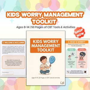 May include: A Kids Worry Management Toolkit workbook featuring 50 pages of CBT tools and activities for ages 8-14. The cover displays a child holding a blue balloon, while interior pages show a welcome disclaimer and a guide on helpful caution.