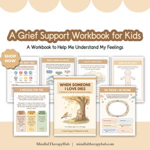 Puede incluir: Un Cuaderno de Trabajo de Apoyo al Duelo para Niños. Este cuaderno ayuda a los niños a comprender sus sentimientos después de una pérdida. La portada presenta a un niño bajo un árbol. Incluye páginas sobre el duelo.