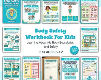 Op de afbeelding: Een verzameling kleurrijke werkboeken getiteld "Body Safety Workbook For Kids", ontworpen voor kinderen van 5-12 jaar. De werkboeken behandelen onderwerpen als lichaamsgrenzen, veiligheid en online veiligheid. Elk werkboek bevat illustraties en tekst.