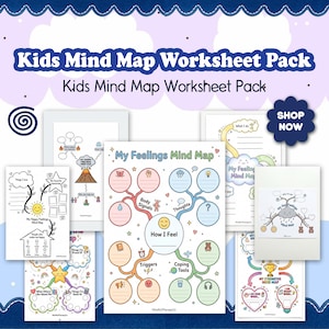 Può includere: Una raccolta di fogli di lavoro Kids Mind Map Worksheet Pack con illustrazioni colorate e testo. Il foglio centrale è intitolato My Feelings Mind Map con sezioni per segnali corporei, pensieri, trigger e strumenti di coping, circondato da schede.