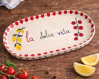 "Handbemaltes Keramiktablett - ""La Dolce Vita"" Zitronen, Tomaten im italienischen Amalfi-Stil (28 x 14 cm)"